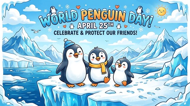 World penguin day cute illustration with snowy landscape wildlife celebration