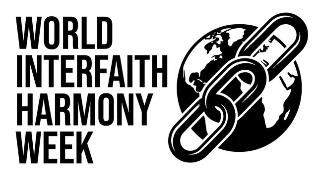 World interfaith harmony week logo graphic with globe and chain icon, interfaith