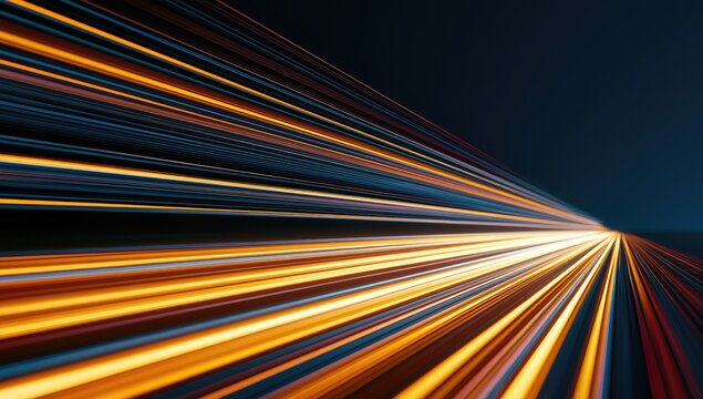 Streaks of golden and blue light diverge into the dark distance