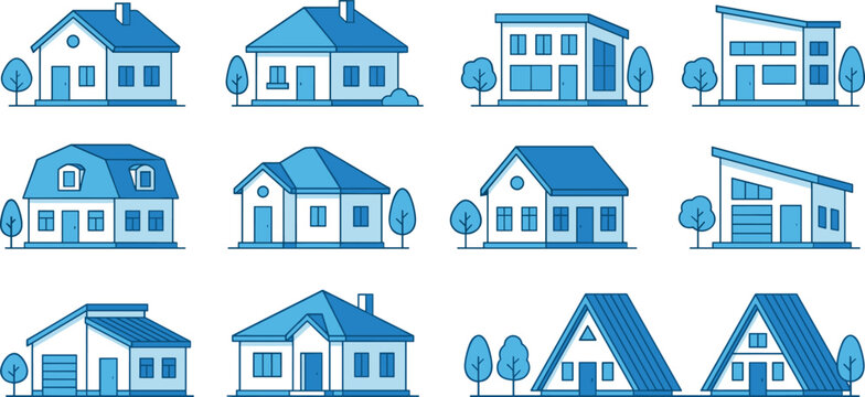 House design icons, residential architecture, gable roof, flat roof, A-frame style, modern multi-story, chimney garage, window home illustration vector