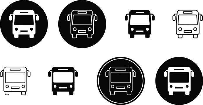 Public bus transport vehicle icons set showing front view in diverse graphical styles and framing.
