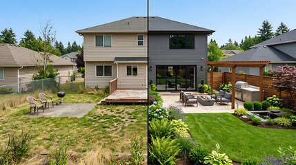 Fototapeta premium Split view demonstrating transformation of a backyard from neglected to lush and well-maintained outdoor space with landscaping