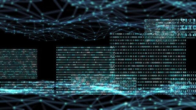 binary code and digital grid with data nodes isolated on black background, abstract technology concept for ai, blockchain, cryptocurrency and tokenization