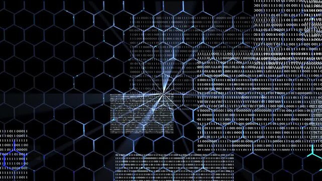 binary code animation isolated on hexagon pattern with light rays, abstract motion design concept for computer algorithm, big data, ai, blockchain and smart contracts