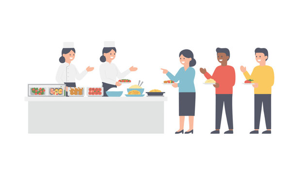 Staff in white uniforms serving prepared food trays to customers in a modern cafeteria line setting illustrated in a clean style.