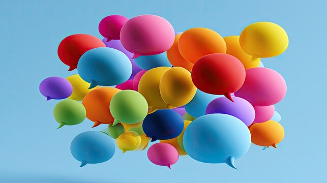 A vibrant cloud of colorful speech bubbles floats against a soft blue background