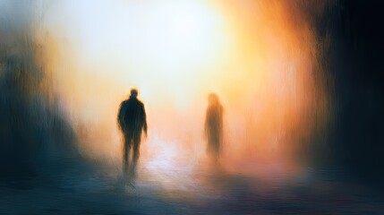 Obraz premium Two silhouetted figures emerge from darkness into an ethereal, glowing light