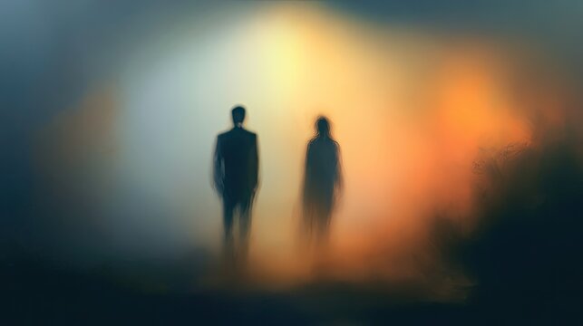Silhouettes of two figures stand in hazy, ethereal light and mist