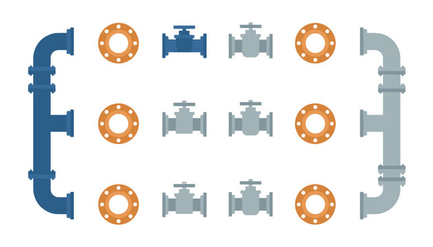 Set of industrial piping connectors, valves, and elbows featuring orange circular flanges and blue structural steel pipes for technical diagrams.