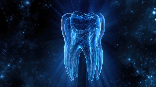Luminous, transparent tooth glows with ethereal blue energy against a cosmic backdrop