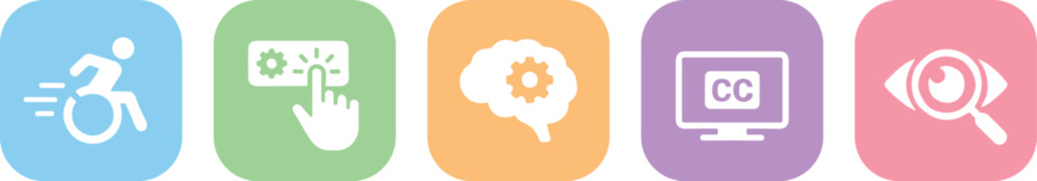 Web Accessibility and Digital Inclusion Pastel Square Icon Set Featuring Wheelchair Transit, Touch Screen Control, Neurodiversity Brain, Closed Captioning, and Low Vision Symbols