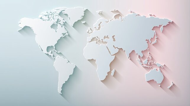 A stylized, paper-cut style world map with continents casting soft shadows
