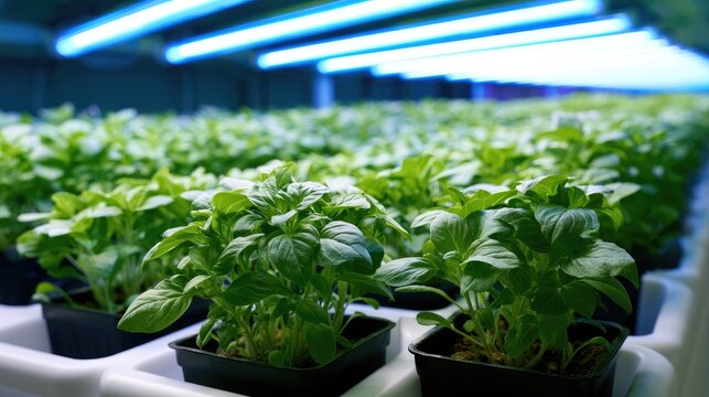 Rows of lush green seedlings under bright blue artificial lights in a farm