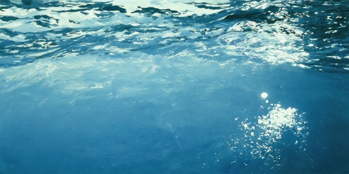 Underwater view of blue ocean water with light reflections and rising bubbles