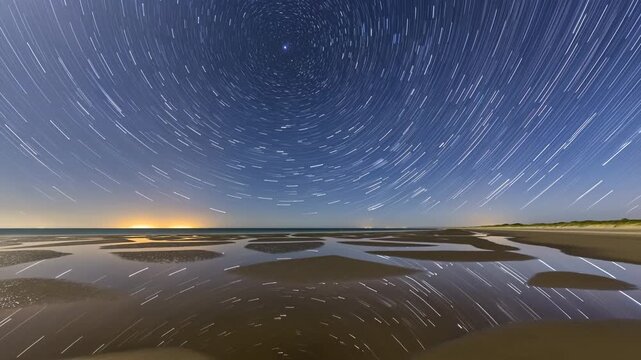 Concentric star trails rotating above calm coastal horizon with reflective tidal pools, low dunes, dark shoreline, and soft celestial glow in serene nocturnal scene