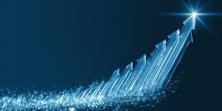 Blue arrows ascend towards a bright star on a dark background