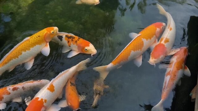 Shimmering Colorful Koi Fish Swimming Gracefully Footage Symbolizing Harmony Tranquility Perfect for Advertising Presentation Background Video