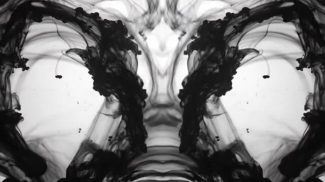 A symmetrical abstract pattern created by black ink swirling in clear liquid