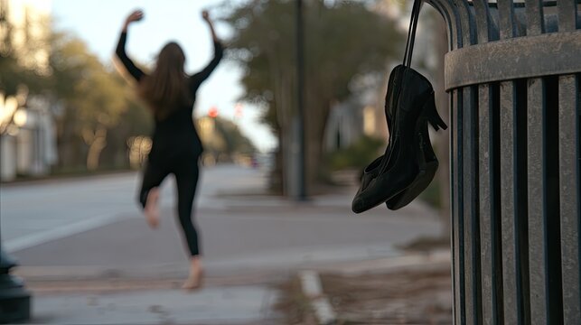 Barefoot woman celebrates with arms raised, a shoe hangs from trash can
