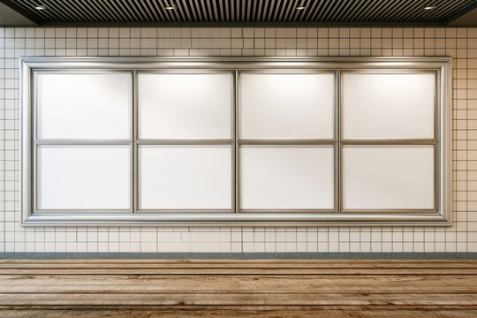 Empty, illuminated grid of eight framed white display panels mounted on a tiled wall