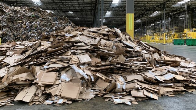 Massive piles of flattened cardboard fill a vast warehouse