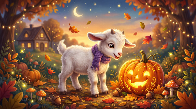 Whimsical autumn illustration of an adorable fluffy white baby goat wearing a purple knit scarf, looking down curiously at a large, glowing jack-o-lantern pumpkin nestled in fall leaves, set in a magi