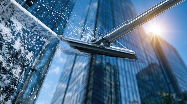 Squeegee cleaning tall glass building facade with sun flare