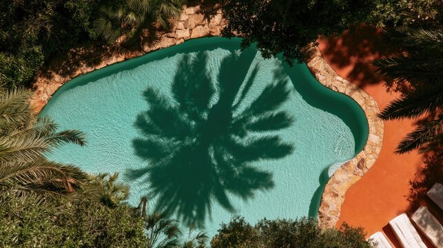 Aerial view of a freeform pool with palm frond shadow and tropical foliage