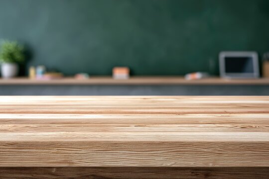 Warm wooden desk in foreground, with blurred classroom objects and chalkboard background
