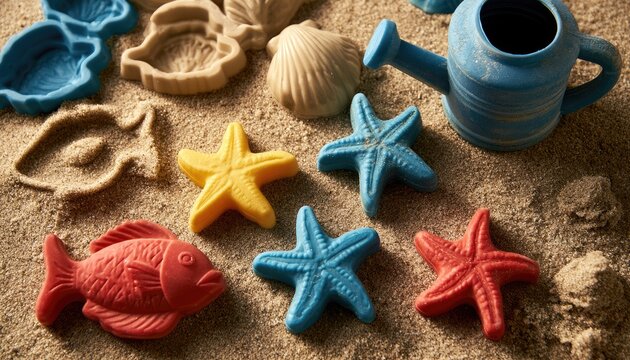 Colorful sand molds, shells, and a watering can on a sandy surface