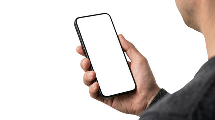 Minimal smartphone mockup in hand, blank white screen mobile device close up, modern touchscreen for app UI design © GraphicsWorld