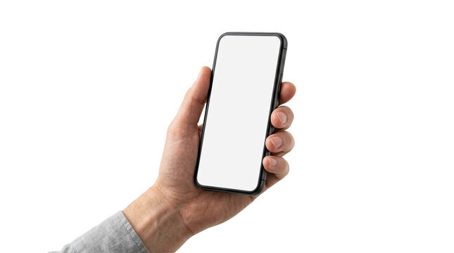 Hand holding smartphone with blank screen, mobile phone mockup, white background, technology template