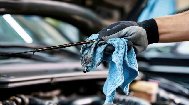 Mechanic checks engine oil level with dipstick and rag