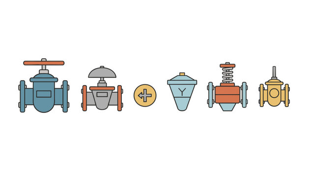 Collection of industrial valves and pipe fittings in various styles including gate valves and filters for fluid control systems in blue and yellow.