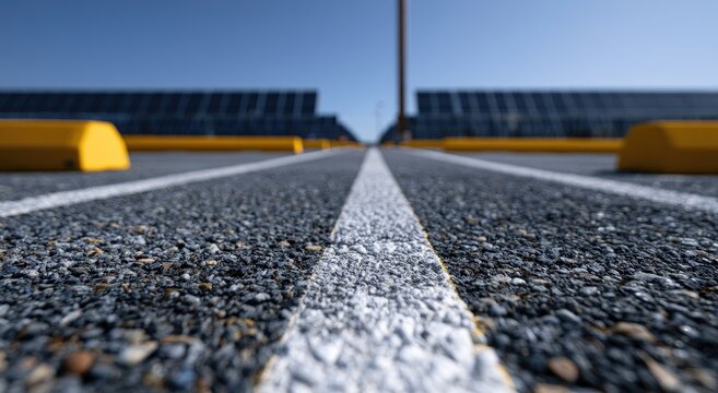 Close-up asphalt texture with white line, blurred solar panels and yellow barriers
