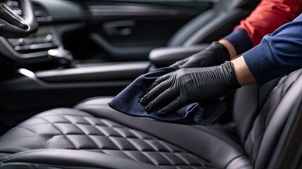Fototapeta premium Gloved hands gently wipe down a pristine, quilted car seat with a dark cloth