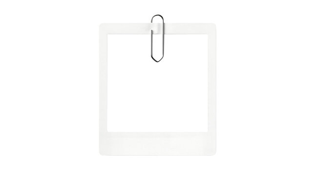 Polaroid photo, blank instant picture, paperclip, white background, photography prop