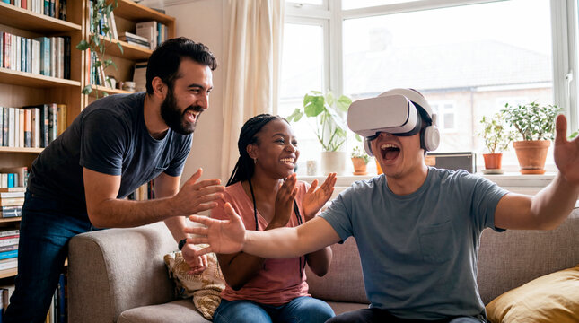 Excited friends laughing as a man explores virtual reality with a headset at home
