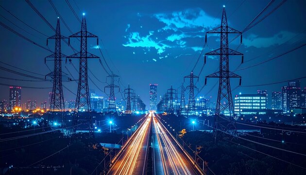 Cityscape at Night with Power Lines and Light Trails.