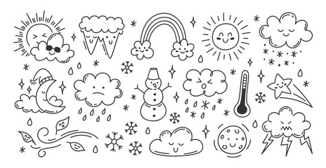 Fototapeta premium Cute weather elements. Doodle climate character. Hand drawn funny kid season objects, rain, sun, cloud, rainbow, hurricane. Summer, winter, fall, spring. Vector set