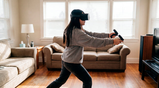 Active woman moving during an immersive virtual reality game with a headset at home
