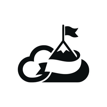 Mountain Peak Summit Flag on Cloud Icon Vector Symbol