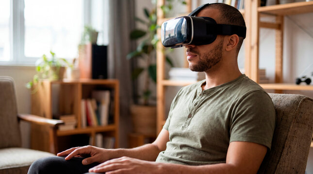 Relaxed young man wearing a virtual reality headset while seated on a chair at home