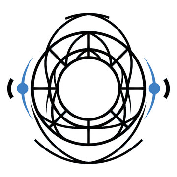 Mystical Geometric Circle Emblem with Blue Orbs and Swirls