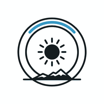 Circular Icon with Sun and Mountains, Blue Horizon Line - Vector Graphic