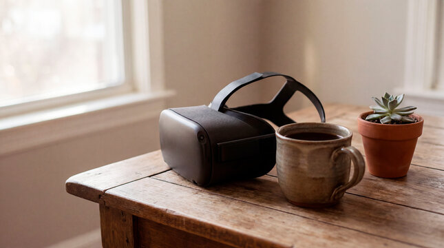 Virtual reality headset resting on a wooden table beside a mug and plant at home