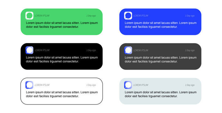 Message notifications panel design template with lorem ipsum, Clean user interface layout for push alerts mockup, Color set of mobile chat popups vector graphic