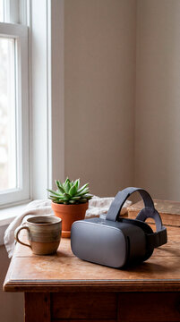 Modern virtual reality headset on a wooden table with a mug and plant in daylight