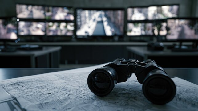 Binoculars rest on a map, overlooking multiple surveillance monitors displaying urban scenes