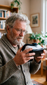 Curious senior man inspecting a virtual reality headset by a sunny window at home